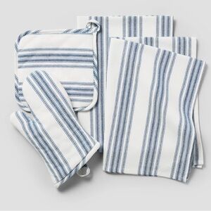 Sur La Table Blue Stripe Kitchen Set Towel Oven Mitt